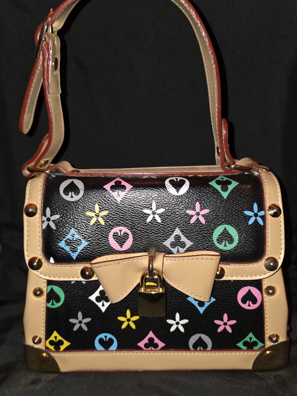 Black Multicolor Bow-Accent Satchel Bag with Tan Trim